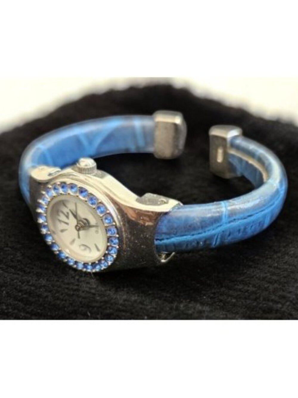 Blue Vinyl Silvertone Blue Rhinestone Hinged Ladies Cuff Bracelet Quartz Watch